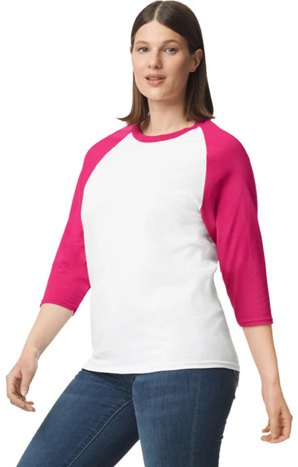 Gildan Unisex Adult Raglan T-Shirt 2-Pack - White/Navy & White/Heliconia, 100% Cotton, Size Large
