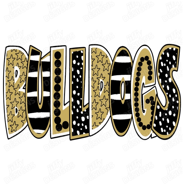 'Bulldogs' Stylized Text in Bold Black and Gold Patterns | Jiffy Designs
