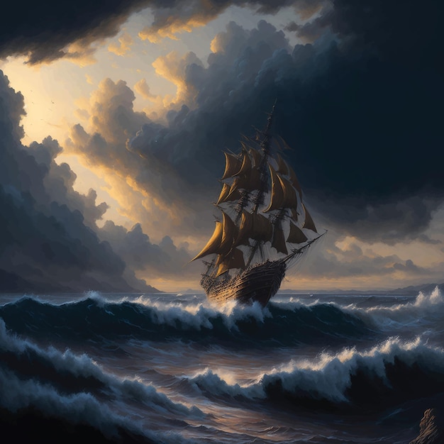 Majestic Tall Ship Sailing Through Stormy Seas at Dusk | Jiffy Designs