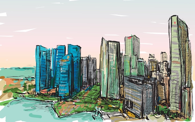Vibrant Cityscape with Towering Skyscrapers and Lush Greenery | Jiffy ...
