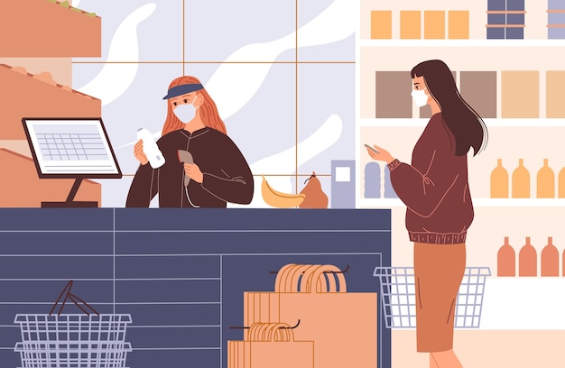 Vibrant Grocery Store Scene with Masked Shoppers | Jiffy Designs