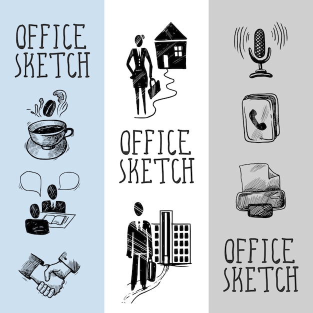 Diverse Collection of Stylized Office-Themed Sketch Illustrations ...