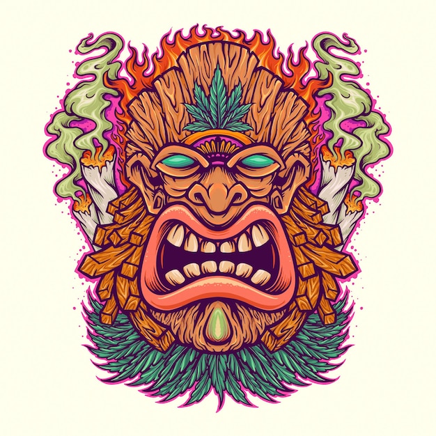 Vibrant Tiki Mask with Fiery Feathers and Mystical Aura | Jiffy Designs