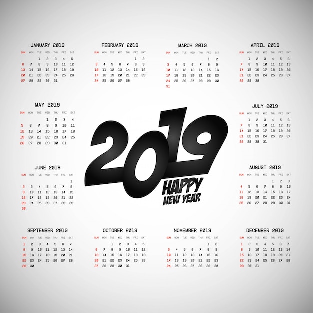2019 Calendar with Bold Black Typography and White Background | Jiffy