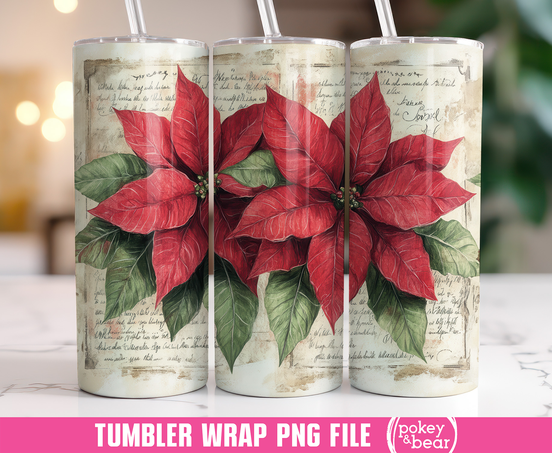 Vibrant Poinsettias Bloom Against Vintage Script Background Jiffy Designs