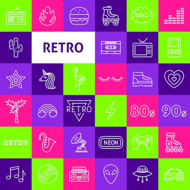 Vibrant Retro Icon Collection Showcasing Diverse Design Elements ...