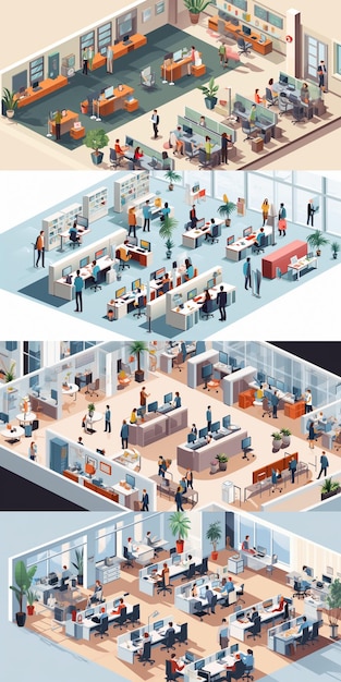 Bustling Open-Plan Office with Diverse Workspaces and Collaborative ...