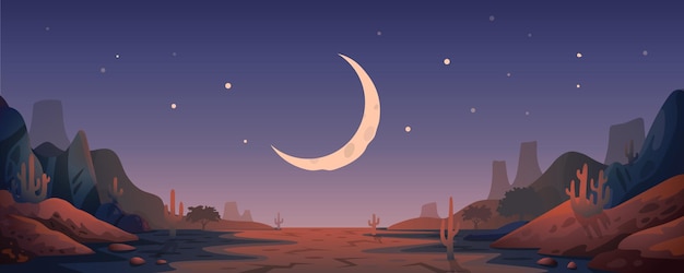 Serene Desert Nightscape with Crescent Moon and Twinkling Stars | Jiffy ...