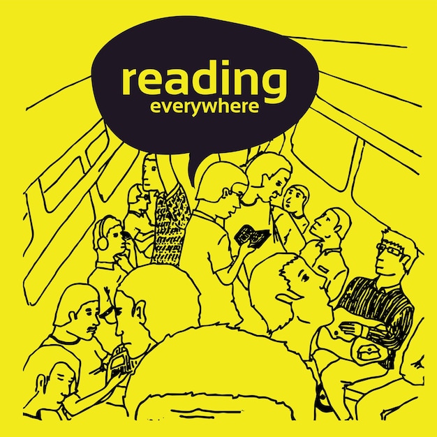 Diverse group reading together under 'Reading Everywhere' banner ...