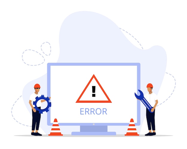 Technicians Troubleshooting Computer Error with Warning Sign | Jiffy ...