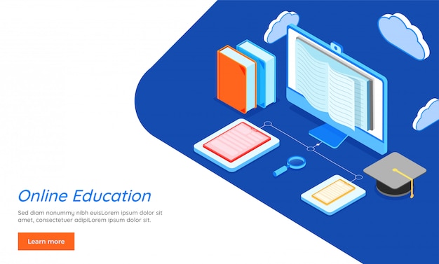 Isometric Online Education Illustration with Books and Laptop | Jiffy ...
