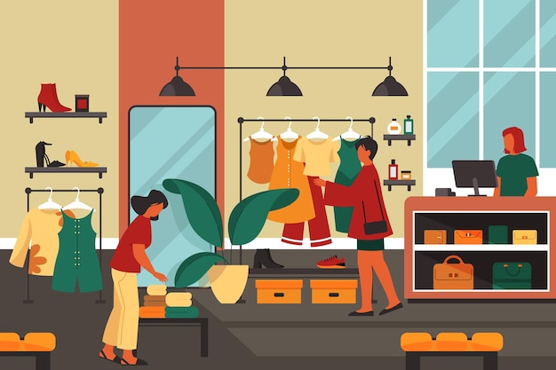 Cozy Vintage Thrift Shop Interior with Shoppers and Eclectic Decor ...