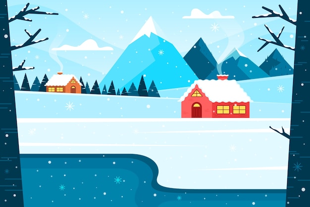 Cozy Winter Wonderland Landscape with Snowy Mountains and Cabins ...
