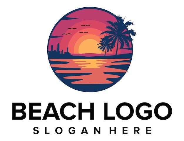Vibrant Tropical Beach Sunset Silhouette Logo | Jiffy Designs