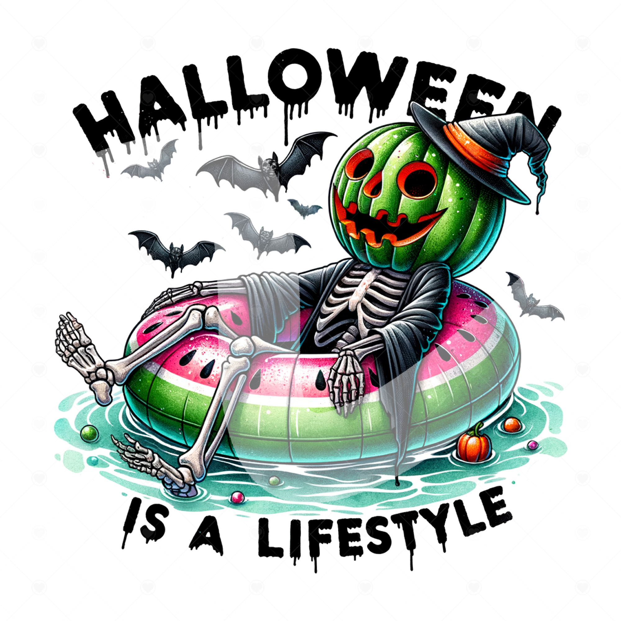 'Halloween Is A Lifestyle' Skeleton in Watermelon Float Surrounded by ...