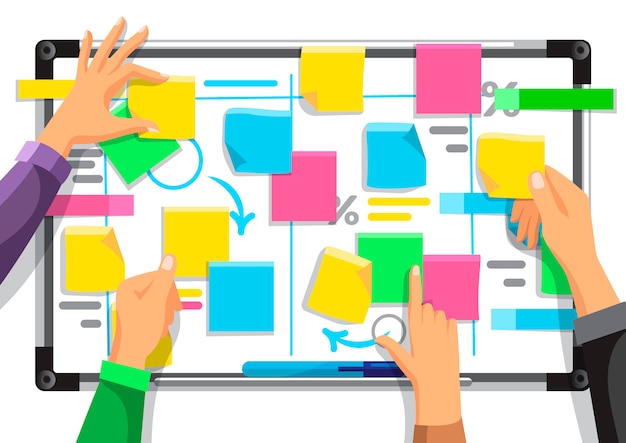 Hands Arranging Colorful Sticky Notes on Whiteboard | Jiffy Designs