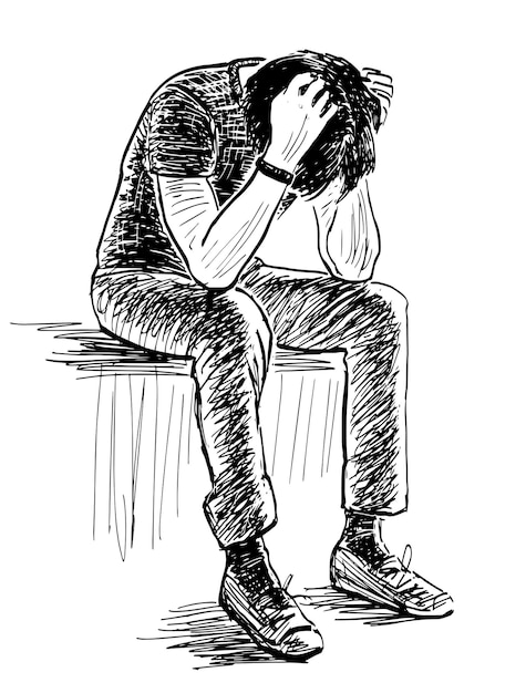 Pensive Figure in Contemplative Pose, Sketch-like Illustration | Jiffy ...