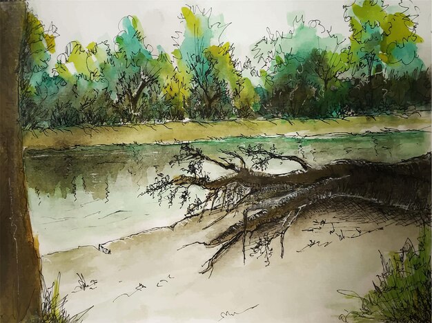 Watercolor Painting of Tranquil Riverside Scene with Reflections ...