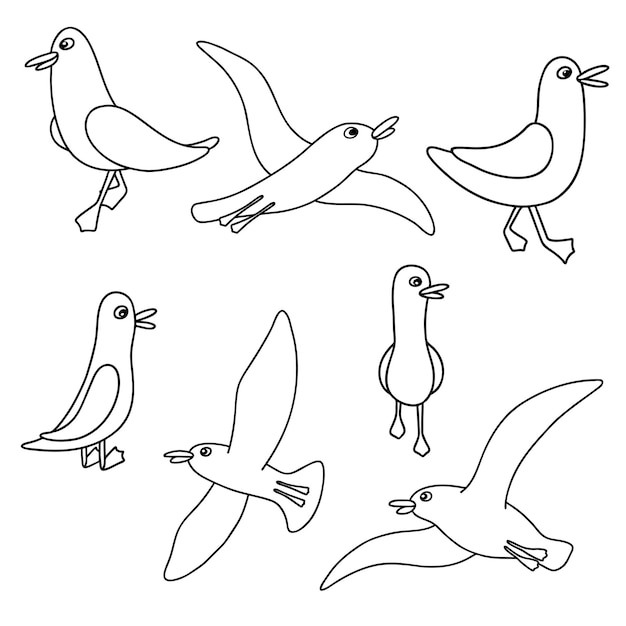 Flock of Playful Seagull Sketches in Minimalist Line Art | Jiffy Designs