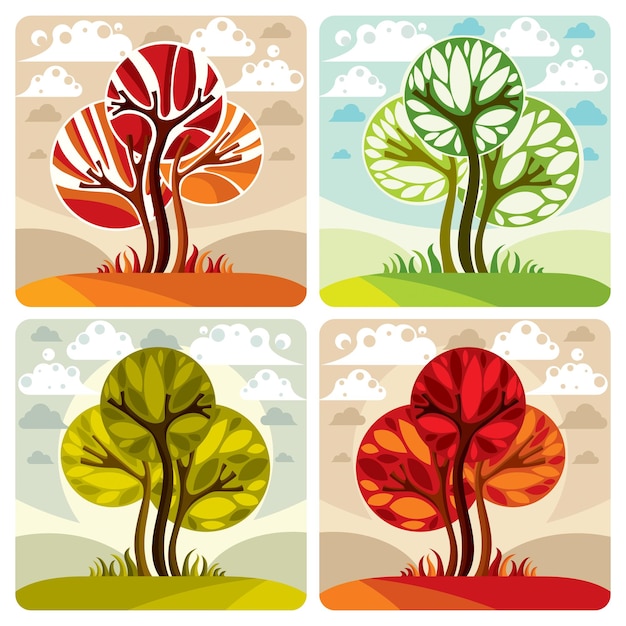 Vibrant Tree Illustrations in Contrasting Seasons and Color Palettes ...