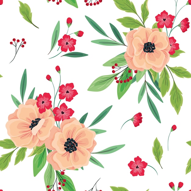 Vibrant Floral Pattern with Peach Blooms and Lush Foliage | Jiffy Designs