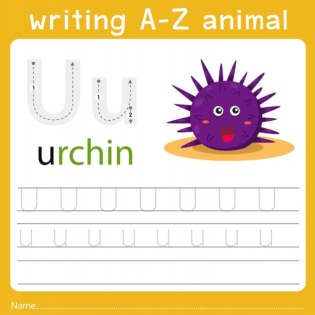 Illustrated Worksheet Teaching Letter 'U' and Animal Urchin | Jiffy Designs