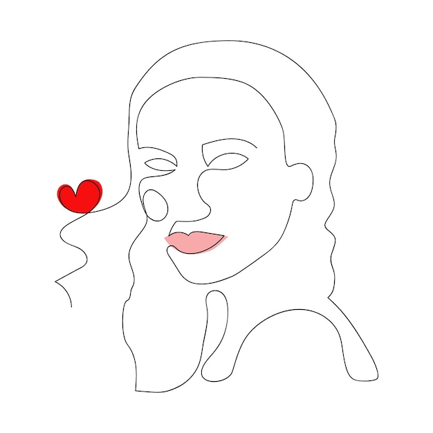 Whimsical Outline Portrait with Red Heart and Lips | Jiffy Designs