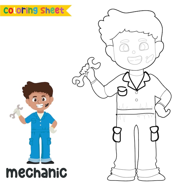 Cheerful Mechanic with Wrench Coloring Page | Jiffy Designs