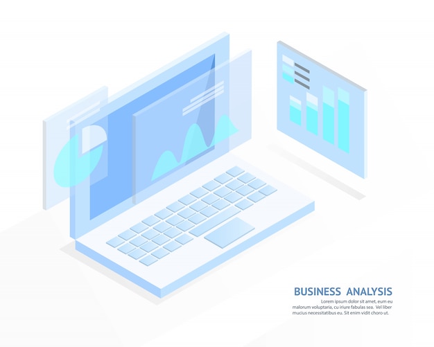 Isometric Laptop with Business Analytics Display and Graphs | Jiffy Designs