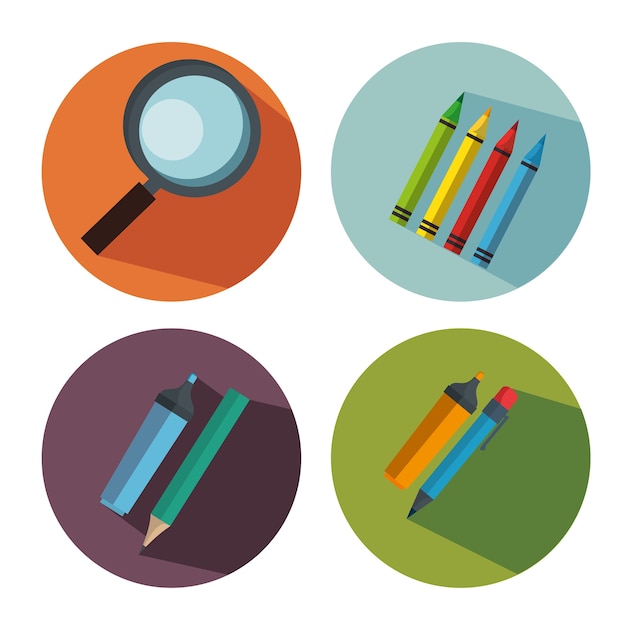 Vibrant Icons: Magnifier, Pencils, Pens, and Colorful Illustrations ...