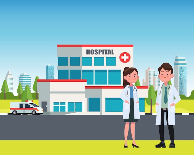 Doctors Outside Modern Hospital Building with Cityscape | Jiffy Designs