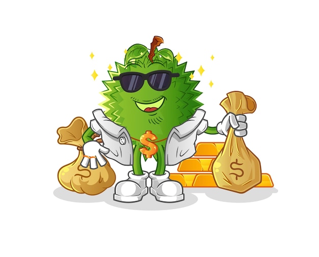 Cheerful Money-Savvy Durian Mascot with Sunglasses and Sacks of Cash ...