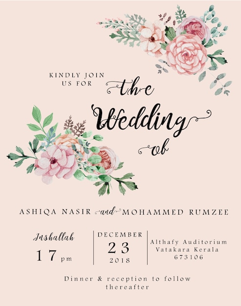 Elegant Floral Wedding Invitation with Pink Roses and Green Leaves ...
