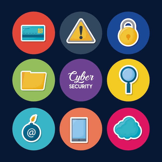 Vibrant Cyber Security Icons with Padlock, Warning and Cloud | Jiffy ...