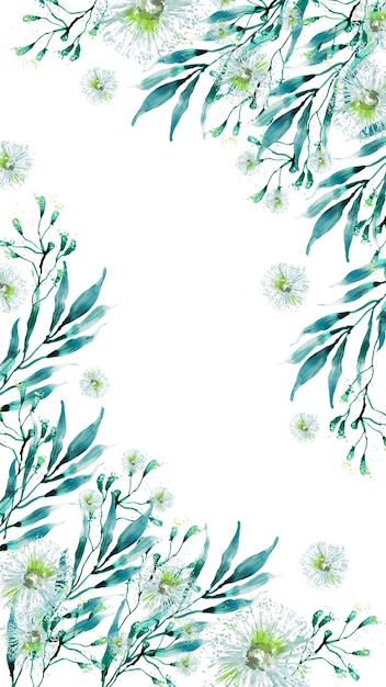 Watercolor Botanical Frame with Green Leaves and White Flowers | Jiffy ...
