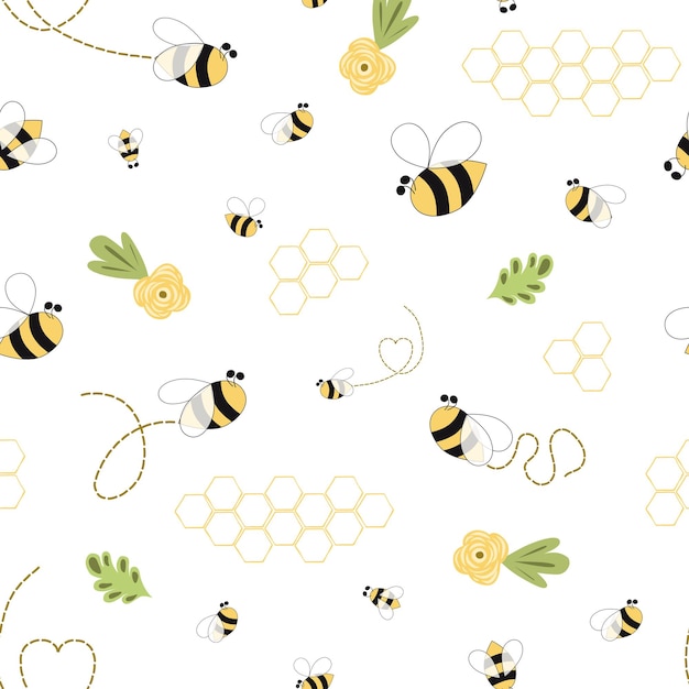 Whimsical Bee and Honeycomb Pattern on White Background | Jiffy Designs