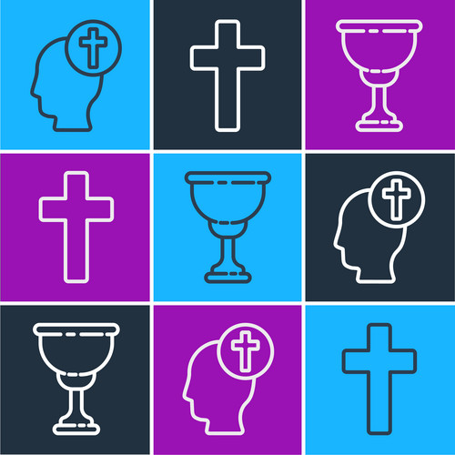 Set Line Human Head With Christian Cross, Christian Chalice And ...
