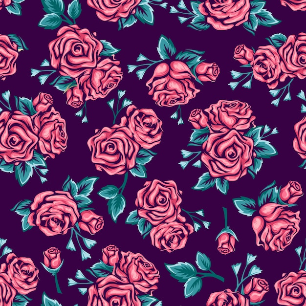 Vibrant Pink Roses Pattern on Deep Purple Background | Jiffy Designs