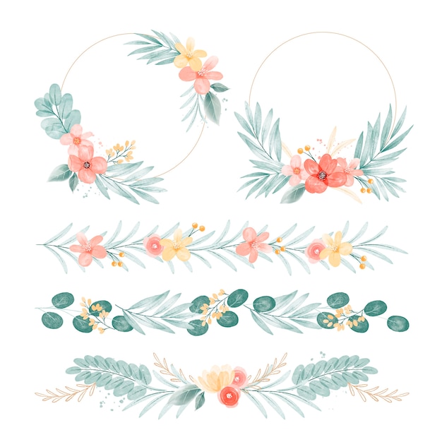 Watercolor Floral Wreaths and Decorative Greenery Elements Collection ...