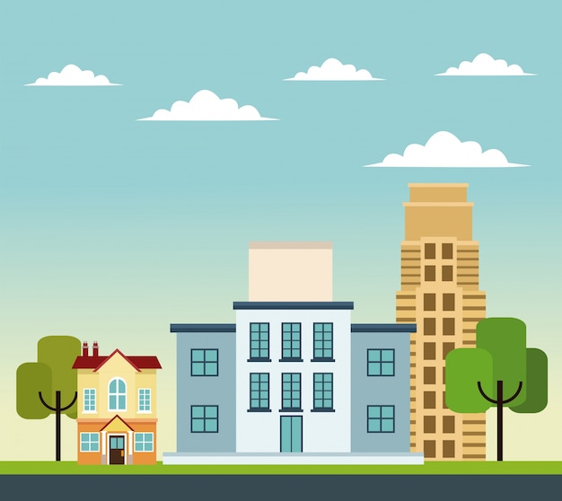 Vibrant City Neighborhood with Colorful Buildings and Trees | Jiffy Designs