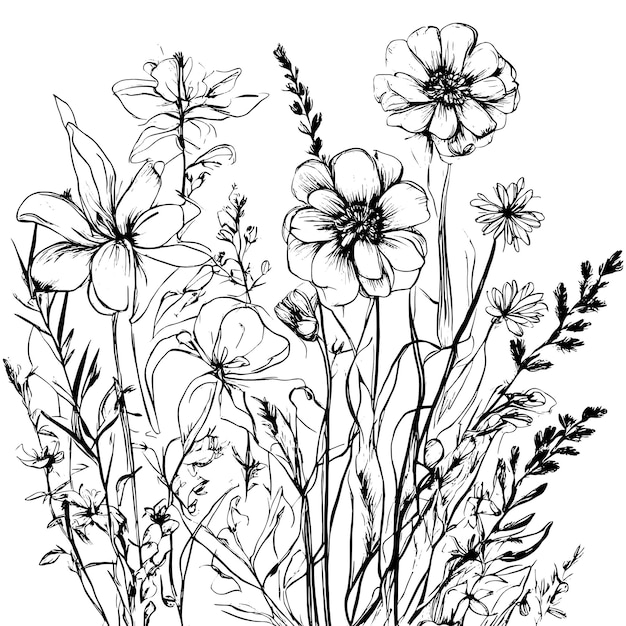 Delicate Wildflower Botanical Illustration in Black and White | Jiffy ...