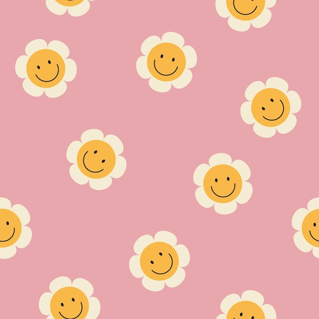 Cheerful Smiling Flower Faces Pattern on Pink Background | Jiffy Designs