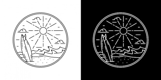Serene Coastal Landscape Emblem with Surfboard | Jiffy Designs