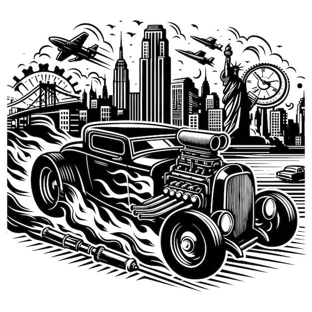 Retro New York City Skyline with Iconic Hot Rod | Jiffy Designs