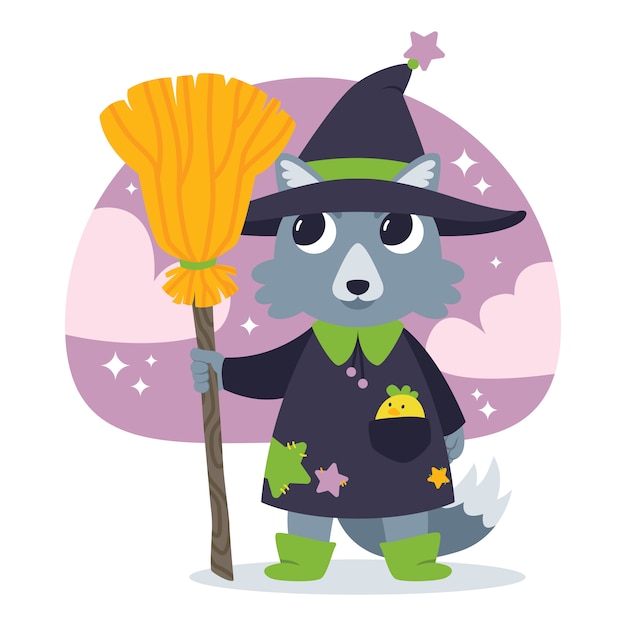 Whimsical Witch Raccoon with Broom and Magical Backdrop | Jiffy Designs