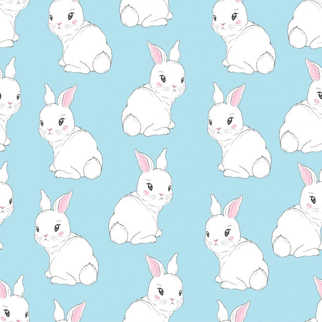 Delightful White Bunny Rabbits Pattern on Light Blue Background | Jiffy ...