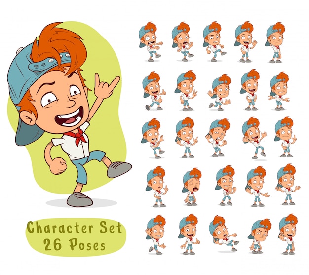 Lively Cartoon Character Set with Expressive Boy in Different Poses ...