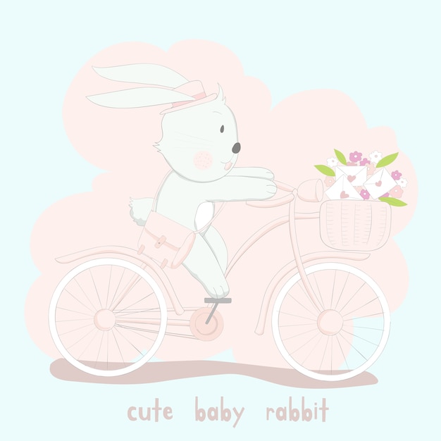 Cute Baby Rabbit Riding a Vintage Bicycle with Flowers | Jiffy Designs