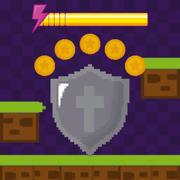 Retro Video Game Pixel Art Shield and Coins | Jiffy Designs