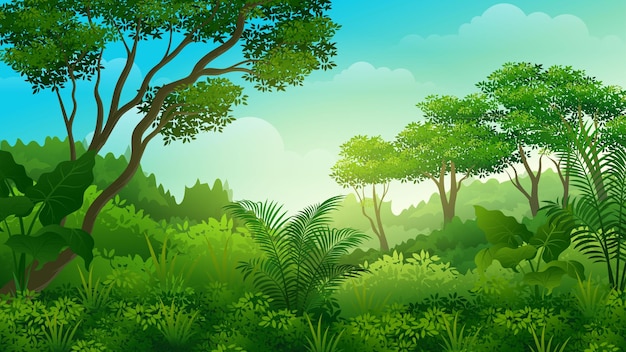 Lush Green Tropical Rainforest Scene with Vibrant Trees | Jiffy Designs